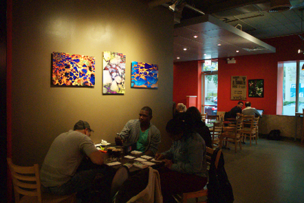 Bridgeport Coffeehouse at the Hyde Park Art Center displaying Karen Hirsch's abstract images