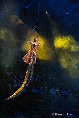 Flying female in dress with  with feathered train