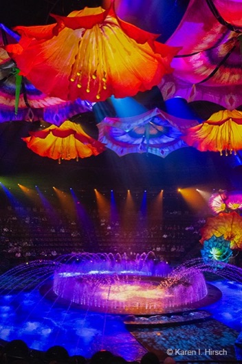 stage with colored water spraying  and large flowers hanging from the ceiling