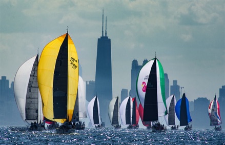 Sailboats with spinnakers racing in Chicago