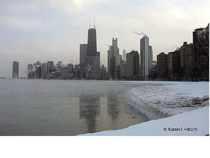 Chicago skyline in winter taken from North Avenue Beach.