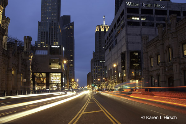 North Michigan Avenue traffic trails at twilight